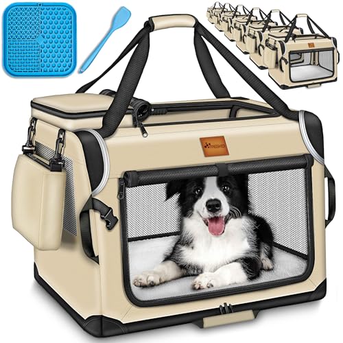TRESKO® Hundebox faltbar inkl. Leckmatte, Spatel & Reflektoren XXL 92x63x63cm | Transportbox für Hunde und Katzen | Hundetransportbox Auto für kleine & große Hunde | Hundetasche robust Beige von TRESKO