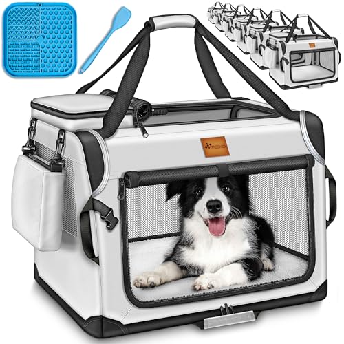 TRESKO® Hundebox faltbar inkl. Leckmatte, Spatel & Reflektoren XXL 92x63x63cm | Transportbox für Hunde und Katzen | Hundetransportbox Auto für kleine & große Hunde | Hundetasche robust Grau von TRESKO