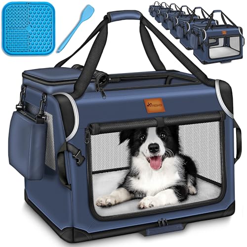 TRESKO® Hundebox faltbar inkl. Leckmatte, Spatel & Reflektoren XXL 92x63x63cm | Transportbox für Hunde und Katzen | Hundetransportbox Auto für kleine & große Hunde | Hundetasche robust Navyblau von TRESKO