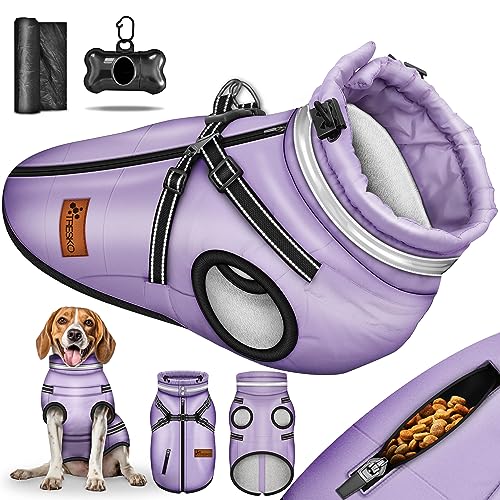 TRESKO® Hundejacke Winter mit Reflektoren inkl. 15 Stück Kotbeutel + Spender | Hunderegenmantel wasserdicht | Hundemantel inkl. Geschirr | Hunde Winterweste gefüttert (S, Lila) von TRESKO