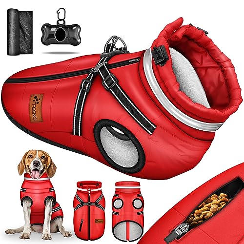 TRESKO® Hundejacke Winter mit Reflektoren inkl. 15 Stück Kotbeutel + Spender | Hunderegenmantel wasserdicht | Hundemantel mit Geschirr | Hunde Winterweste gefüttert (L, Rot) von TRESKO