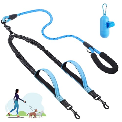 Doppelleine für Spaziergänge mit 2 Hunden, kein Verheddern, reflektierende Bungee-geteilte Leine mit 360° Drehgelenk, zwei gepolsterte Griffe und Kotbeutel, Blau Doppelleine für Spaziergänge mit 2 Hunden, kein Verheddern, reflektierende Bungee-geteilte Leine mit 360° Drehgelenk, zwei gepolsterte Griffe und Kotbeutel, Blau von TRIGRAND