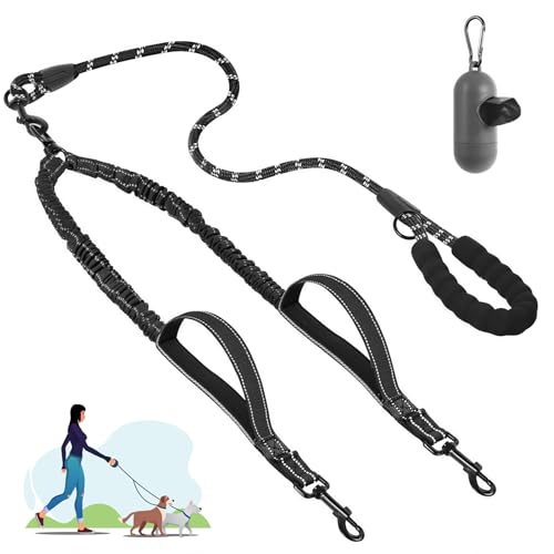 Doppelleine für Spaziergänge mit 2 Hunden, kein Verheddern, reflektierende Bungee-geteilte Leine mit 360° Drehgelenk, zwei gepolsterte Griffe und Kotbeutel, Schwarz Doppelleine für Spaziergänge mit 2 Hunden, kein Verheddern, reflektierende Bungee-geteilte Leine mit 360° Drehgelenk, zwei gepolsterte Griffe und Kotbeutel, Schwarz von TRIGRAND