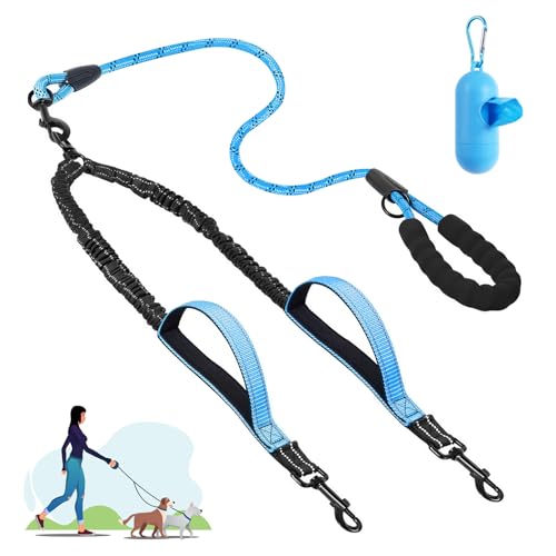 Doppelte Hundeleine, Sicherheitsgriff, doppelte Hundeleine zum Spazierengehen, 2 Hunde, kein Verheddern, 360° verhedderungsfrei, verdicktes Design, reflektierend (Blau, M) von TRIGRAND