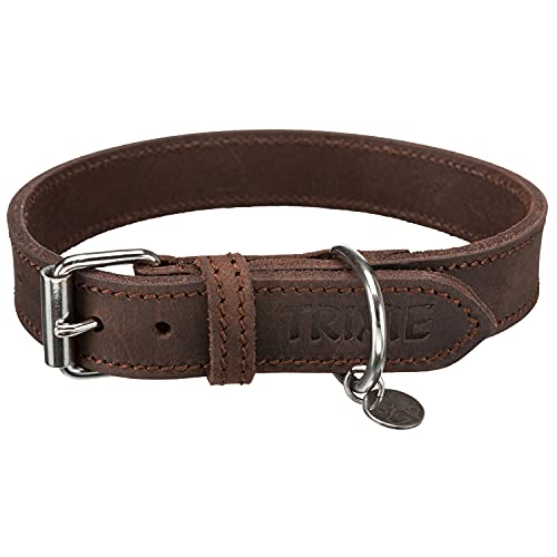 TRIXIE Rustic Halsband Leder Größe M: Halsumfang 38–47 cm/40 mm in Dunkelbraun - genähtes Lederhalsband für mittelgroße Hunde, in klassischem Design, schonendes Anleinen, 19006 von TRIXIE