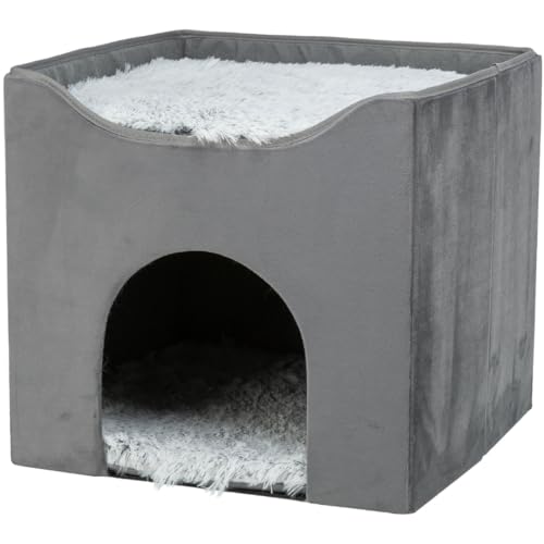 TRIXIE Katzenhöhle Harvey – 38 × 38 × 38 cm – Katzenhaus in Grau mit Wendekissen, Schaumstoff-Füllung und zusätzlichem Kuschelbett – Platzsparend, ideal für Katzen bis 10 kg – 375010 von TRIXIE
