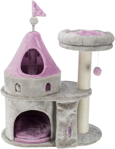 TRIXIE My Kitty Darling Castle Condo mit Kratzstämmen, Plattform mit abnehmbarem Bett, Spieldecke mit Knisterfolie, baumelnder Pom-Pom, Grau/Rosa Large von TRIXIE