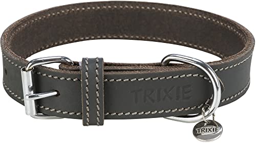 TRIXIE Rustic Halsband Leder Größe L: Halsumfang 48–56 cm/30 mm in grau - genähtes Lederhalsband für große Hunde, in klassischem Design, schonendes Anleinen, 19050 von TRIXIE
