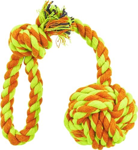 Trixie Hunde-Spieltau mit eingeflochtenem Ball, ø 5,5/30 cm, orange/lime, Baumwolle/Polyester, zum Werfen und Tauziehen von TRIXIE