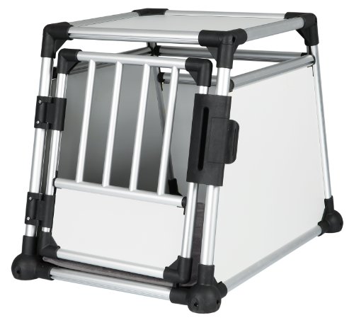 TRIXIE Hunde-Transportbox, Aluminium, M: 55 × 62 × 78 cm, hellgrau/silber, mit Klettleiste am Boden, Sicherheitsverschluss, mit rutschfester Liegematte - 39341 von TRIXIE