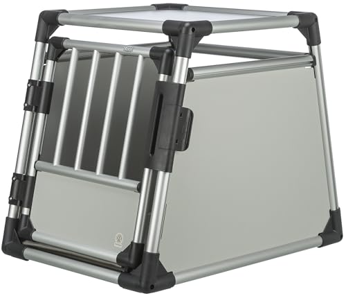 TRIXIE Hunde-Transportbox, Aluminium, M: 55 × 62 × 78 cm, hellgrau/silber, mit Klettleiste am Boden, Sicherheitsverschluss, mit rutschfester Liegematte - 39341 von TRIXIE