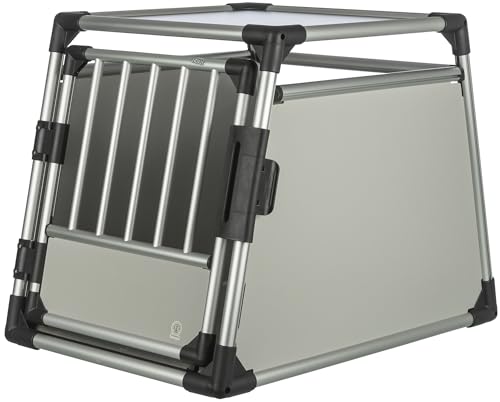 TRIXIE Hunde-Transportbox, Aluminium, M–L: 63 × 65 × 90 cm, hellgrau/silber, mit rutschfester Liegematte, hochgeschlossene Wände, Sicherheitsverschluss - 39342 von TRIXIE