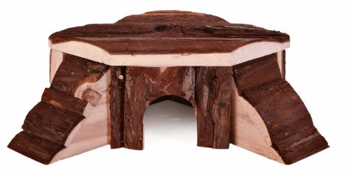 TRIXIE Eckhaus Thordis für Kleintiere - 2 Rampen - Liegefläche auf dem Dach - z.B. für Mäuse, Hamster - 21 x 7 x 19 cm - Rindenholz - 6175 von TRIXIE