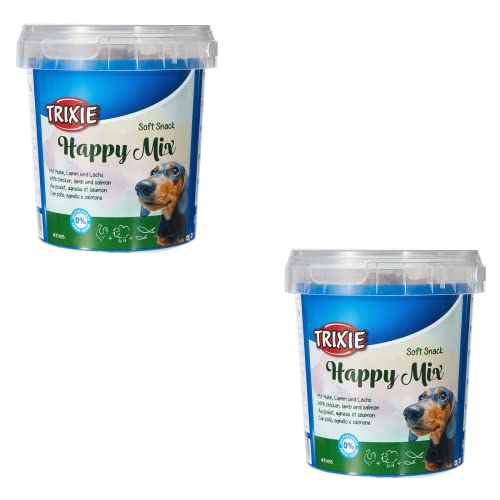 Trixie Soft Snack Happy Mix | Doppelpack | 2 x 500 g | Leckerli für Hunde | Mit Huhn, Lamm und Lachs | Ohne Zuckerzusatz | Praktisch verpackt im verschließbaren Kunststoffeimer von TRIXIE