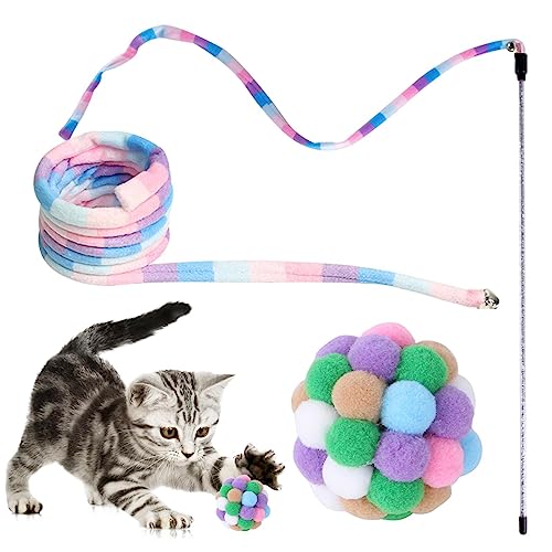 TROONZ Katzenbandspielzeug - Schnurspielzeug Regenbogenband Charmer Stick Katze Teaser Zauberstab,Lustiges, interaktives, farbenfrohes Zauberstabspielzeug mit Ball für Hauskatzen von TROONZ