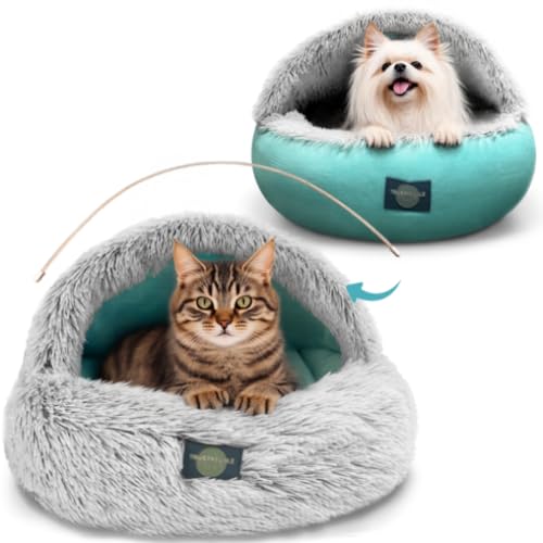 TRYSTYTAILZ Doppelseitiges Höhlen-Haustierbett, luxuriöses graues Kunstfell und kühles Minzsamt für Hunde und Katzen, Ganzjahres-Komfort, rutschfeste Unterseite, maschinenwaschbar, entworfen in von TRUSTYTAILZ Quality for pets