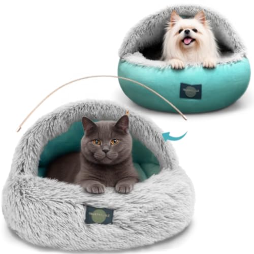 TrustyTailz Hundebetten für kleine Hunde, Katzenhöhlenbett mit Kapuzenbezug, waschbar und abnehmbar, Plüsch Grau Cozy Nook Haustierbett für Hunde oder Katzen, Kunstfell & Minzsamt rutschfester Boden von TRUSTYTAILZ Quality for pets
