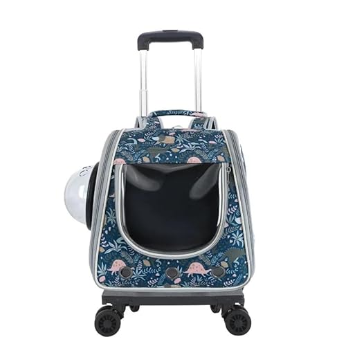 TRgqify-KM 2in1 großer Haustier-Rucksack, Katzen-Kinderwagen, Haustier-Tasche mit Rädern, tragbarer, zusammenklappbarer Trolley, Haustier-Tasche, Katzen- und Hunde-Kinderwagen (Color : Blue Dinosaur) von TRgqify-KM