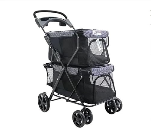 TRgqify-KM Tragbarer, zusammenklappbarer Doppeldecker-Haustier-Kinderwagen for 2 Haustiere, 4 Räder, Doppel-Katzen- und Hunde-Kinderwagen, Outdoor-Reisen (Color : Dark Grey) von TRgqify-KM