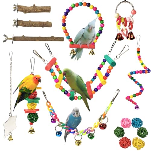 TSBSHum Vogelspielzeug für Sittiche, Vogelschaukel für Papageien, aus reinem Naturholz, geeignet als Vogelkäfig-Zubehör für kleine Vögel zum Spielzeug (bunt) von TSBSHum