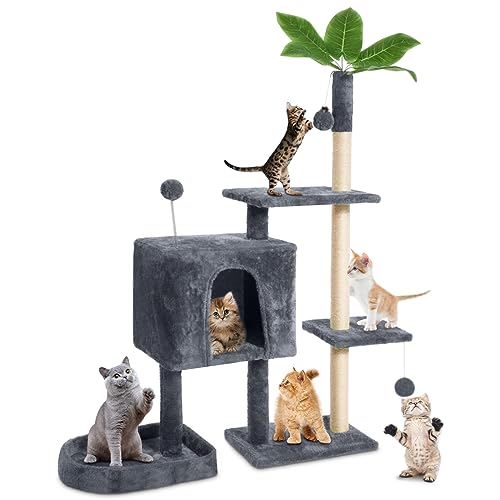 TSCOMON 132,1 cm Katzenbaum Katzenturm für Indoor-Katzen mit grünen Blättern, mehrstufig, gemütlich, Plüsch-Katzenhaus Katzenhaus Katzenkratzbäume für Indoor-Katzen mit Hängeball, Heimpflanzen-Stil, von TSCOMON