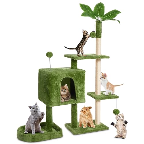 TSCOMON 132,1 cm Katzenbaum Katzenturm für Indoor-Katzen mit grünen Blättern, mehrstufige gemütliche Plüsch-Katzenhaus Katzenhaus Katzenkratzbäume für Indoor-Katzen mit Hängeball, Heimpflanzen-Stil, von TSCOMON