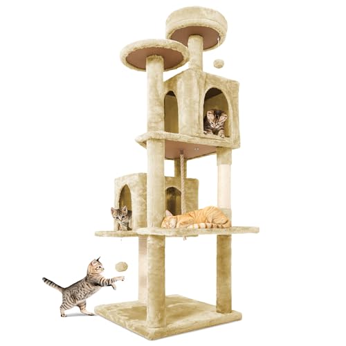TSCOMON 149.9 cm Großer Katzenbaum Tower Condo für Indoor-Katzen, Weicher Plüsch Mehrstöckiger Kletterbaum Katzenhaus mit 2 Katzenhöhle, Kratzbaum, Mehr Eingang/Ausgang, Sisaltreppe, Beige Gelb TSCOMON 149.9 cm Großer Katzenbaum Tower Condo für Indoor-Katzen, Weicher Plüsch Mehrstöckiger Kletterbaum Katzenhaus mit 2 Katzenhöhle, Kratzbaum, Mehr Eingang/Ausgang, Sisaltreppe, Beige Gelb von TSCOMON