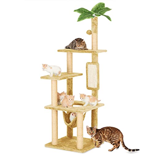 TSCOMON 55 Zoll Katzenbaum für Indoor Katzen mit grünen Blättern, mehrstufiger großer Katzenturm für Indoor Katzen mit Hängematte, Plüsch Katzenhaus mit Hängeball Spielzeug und Katzen Sisal von TSCOMON