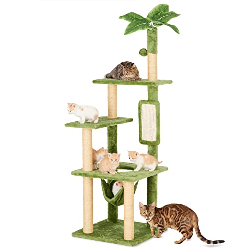 TSCOMON 55 Zoll Katzenbaum für Indoor Katzen mit grünen Blättern, mehrstufiger großer Katzenturm für Indoor Katzen mit Hängematte, Plüsch Katzenhaus mit Hängeball Spielzeug und Katzen Sisal von TSCOMON