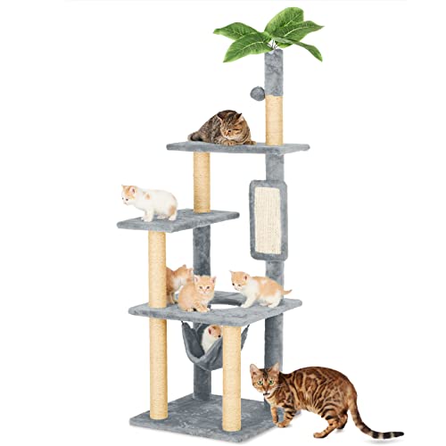 TSCOMON 55 Zoll Katzenbaum für Indoor-Katzen mit grünen Blättern, mehrstufiger großer Katzenturm für Indoor-Katzen mit Hängematte, Plüsch-Katzenhaus mit Hängeball-Spielzeug und Katzensal-Kratzbäume, von TSCOMON