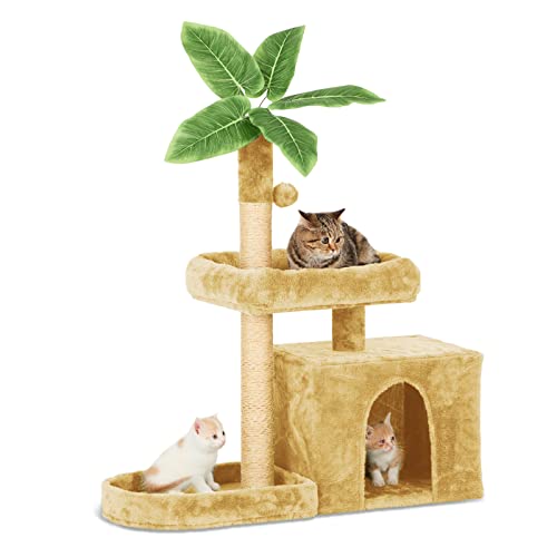 TSCOMON 80 cm Katzenbaum Katzenturm für Indoor-Katzen mit grünen Blättern, Katzenwohnung, Katzenmöbel Haustierhaus mit Kratzstämmen, Beige von TSCOMON