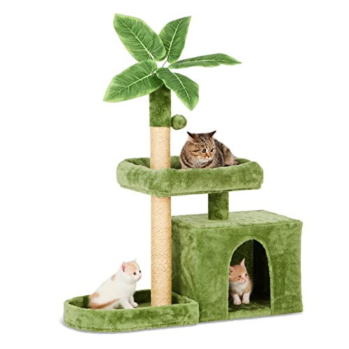 TSCOMON 80 cm Katzenbaum Katzenturm für Indoor-Katzen mit grünen Blättern, Katzenwohnung, Katzenmöbel Haustierhaus mit Kratzstämmen, Grün von TSCOMON