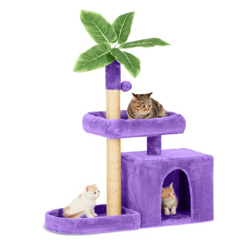 TSCOMON 80.0 cm Katzenbaum Katzenturm für Indoor-Katzen mit grünen Blättern, Katzenhütte gemütliches Plüsch-Katzenhaus mit Hängeball und Blattform-Design, Katzenmöbel Haustierhaus mit von TSCOMON