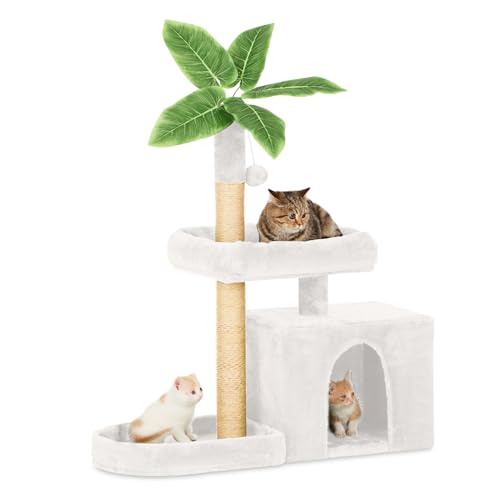 TSCOMON 80.0 cm Katzenbaum Katzenturm für Indoor-Katzen mit grünen Blättern, Katzenhütte gemütliches Plüsch-Katzenhaus mit hängendem Ball und Blattform-Design, Katzenmöbel Haustierhaus mit von TSCOMON
