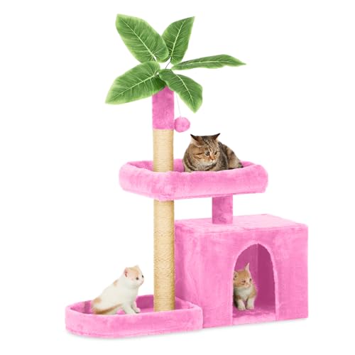 TSCOMON 80.0 cm Katzenbaum Katzenturm für Indoor-Katzen mit grünen Blättern, Katzenhütte gemütliches Plüsch-Katzenhaus mit hängendem Ball und Blattform-Design, Katzenmöbel Haustierhaus mit von TSCOMON