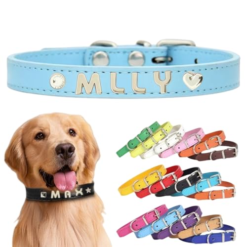 Personalisiertes Hundehalsband aus Leder mit individuellen Buchstaben, verstellbares Haustierhalsband für kleine, mittelgroße und große Hunde, DIY-Buchstabenanpassung für Welpen (Hellblau, Größe S Personalisiertes Hundehalsband aus Leder mit individuellen Buchstaben, verstellbares Haustierhalsband für kleine, mittelgroße und große Hunde, DIY-Buchstabenanpassung für Welpen (Hellblau, Größe S von TSD