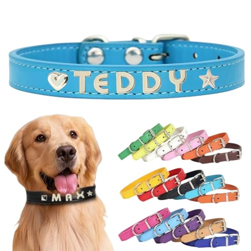 Personalisiertes Hundehalsband aus Leder mit individuellen Buchstaben, verstellbares Haustierhalsband für kleine, mittelgroße und große Hunde, DIY-Buchstabenanpassung für Welpen (Marineblau, Größe S von TSD