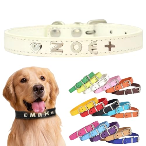 Personalisiertes Hundehalsband aus Leder mit individuellen Buchstaben, verstellbares Haustierhalsband für kleine, mittelgroße und große Hunde, DIY-Buchstabenanpassung für Welpen (Weiß, Größe S: Länge Personalisiertes Hundehalsband aus Leder mit individuellen Buchstaben, verstellbares Haustierhalsband für kleine, mittelgroße und große Hunde, DIY-Buchstabenanpassung für Welpen (Weiß, Größe S: Länge von TSD