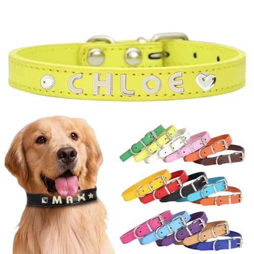 Personalisiertes Hundehalsband aus Leder mit individuellen Buchstaben, verstellbares Haustierhalsband für kleine, mittelgroße und große Hunde, DIY-Buchstabenanpassung für Welpen (fluoreszierendes Gelb Personalisiertes Hundehalsband aus Leder mit individuellen Buchstaben, verstellbares Haustierhalsband für kleine, mittelgroße und große Hunde, DIY-Buchstabenanpassung für Welpen (fluoreszierendes Gelb von TSD