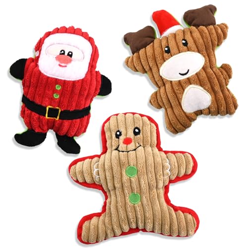 3 Stück Weihnachten Haustier Quietschen Kauspielzeug Weihnachten Plüsch Hundespielzeug Elch Lebkuchenmann Weihnachtsmann Interaktive Quietschspielzeug Xmas Haustierhund Plüschtiere Geschenke (B) von TSLBW