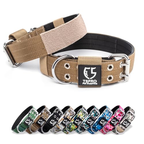 TSPRO Taktisches Hundehalsband, Verstellbares Halsband Hund mit Metallschnalle und Flicken, Haltbar und Dick, für Mittelgroße bis Große Hunde (Khaki M+) von TSPRO