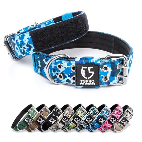 TSPRO Taktisches Hundehalsband Halsband Hund mit Metallschnalle und Flicken, Verstellbares Klassische Hundehalsbänder für Große Hunde, Extra Große Hunde (Camo Blau -L-XL) von TSPRO
