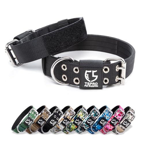 TSPRO Taktisches Hundehalsband Halsband Hund mit Metallschnalle und Flicken, Verstellbares Klassische Hundehalsbänder für Große Hunde, Extra Große Hunde (Schwarz -L-XL) von TSPRO