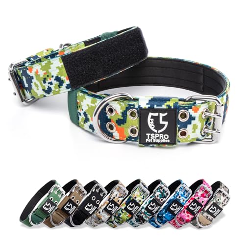 TSPRO Taktisches Hundehalsband Halsband Hund mit Metallschnalle und Flicken, Verstellbares Klassische Hundehalsbänder für Mittlere Hunde, Große Hunde (Camo Grün -M+) von TSPRO