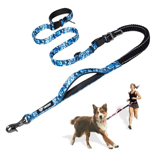 TSPRO Freihändige Hundeleine für Spaziergänge, Laufen, mit Sicherheitsgurt, stoßdämpfend, Bungee-Leine mit gepolstertem Griff (Camouflage-Blau) von TSPRO