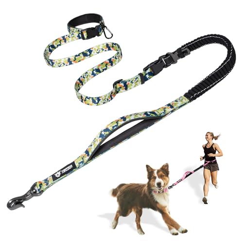 TSPRO Freihändige Hundeleine für Spaziergänge, Laufen, mit Sicherheitsgurt, stoßdämpfend, Bungee-Leine mit gepolstertem Griff (Tarngrün) von TSPRO