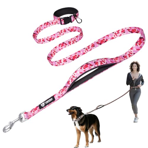 TSPRO Freihandleine Hund für Mittel bis Große Hunde, Verstellbar und Dauerhaft, mit Weichem Gepolstertem Griff und Metallschnalle (Camo Rosa 25) von TSPRO