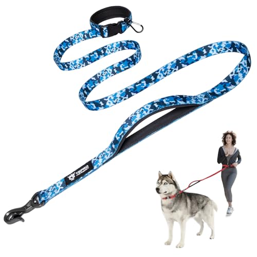 TSPRO Hands Free Hundeleine, Hundeleine Verstellbar für Mittelgroße/Große Hunde, Nylon Leine Hund Übungsleine mit Kontroll-sicherheitsgriff und Verschluss Schnalle Camouflage Blau (Camo Blue) von TSPRO
