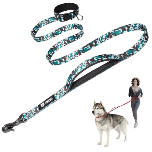 TSPRO Hands Free Hundeleine, Hundeleine Verstellbar für Mittelgroße/Große Hunde, Nylon Leine Hund Übungsleine mit Kontroll-sicherheitsgriff und Verschluss Schnalle (Camo Cyan) von TSPRO