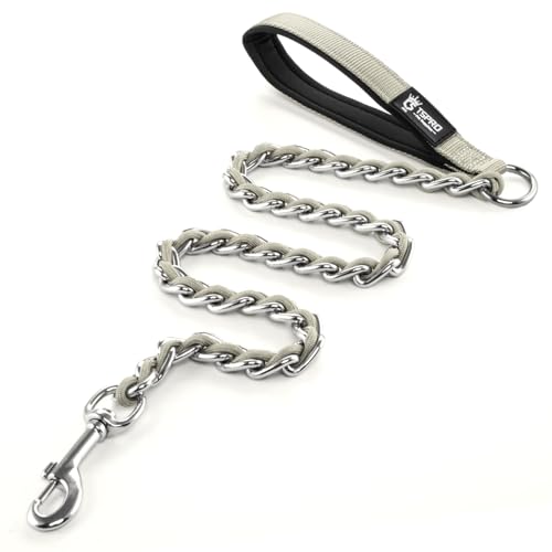 TSPRO Kausichere Hundeleine Edelstahl Hunde-Metallkette Trainingsleine mit weichem Griff für mittelgroße und große Hunde Grau(4MM, Gray) von TSPRO